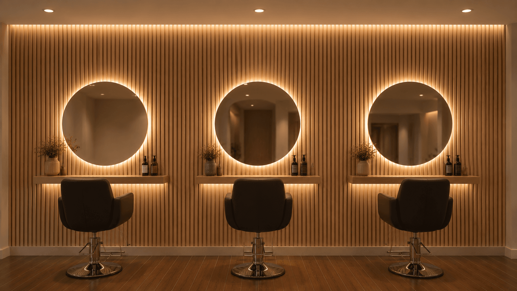Warm, golden-lit interior of the Elora beauty salon